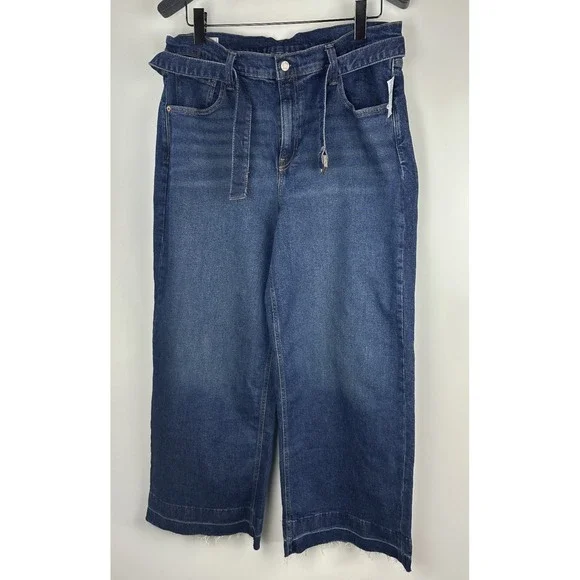 NWT GAP High Rise Stride Belted Wide Leg Jeans Raw Hem Dark Wash Plus Size 34 18 - Picture 2 of 11